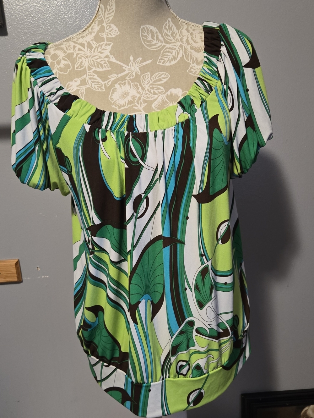 AGB Green Multi-Print Puff Sleeve Off-Shoulder Top